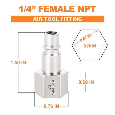 GASHER 1/4-in NPT female air tool fitting, 304 stainless steel, high-flow pneumatic plug