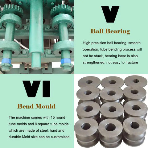 Powerful 2.2Kw Electric Tube Bender Machine With 15 Round And 9 Square Molds For Precision Pipe Bending, showing steel molds and ball bearing.