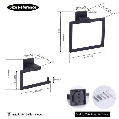 Matte Black Stainless Steel Bath Accessory Set 2 Piece Toilet Paper Holder And Towel Ring SUS304 Rustproof Contemporary Modern Finish