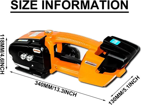 Heavy Duty Electric Strapping Tool For 13 To 16 Mm Pp Pet Bands Build Tough showing size dimensions 340mm x 130mm.