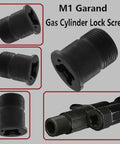 Heavy Duty Black Steel Gas Cylinder Screw For M1 Garand Rifle shown from different angles with single slot lock plug.