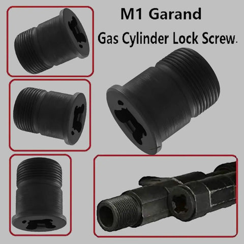 Heavy Duty Black Steel Gas Cylinder Screw For M1 Garand Rifle shown from different angles with single slot lock plug.