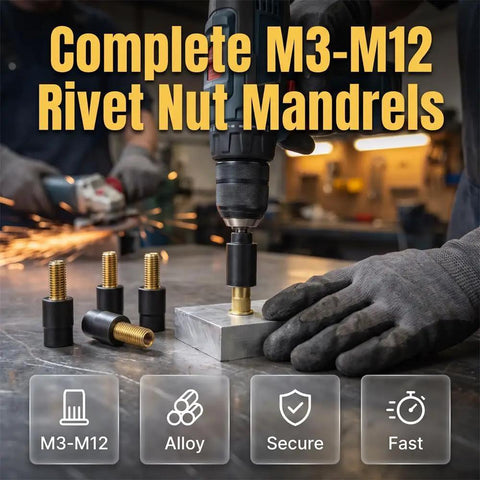 Carbon Steel Rivet Nut Tool Set for DIYers and Auto Repair Pros, 77 Pieces Rivnut Kit with M3 to M12 Mandrels, threaded inserts in use