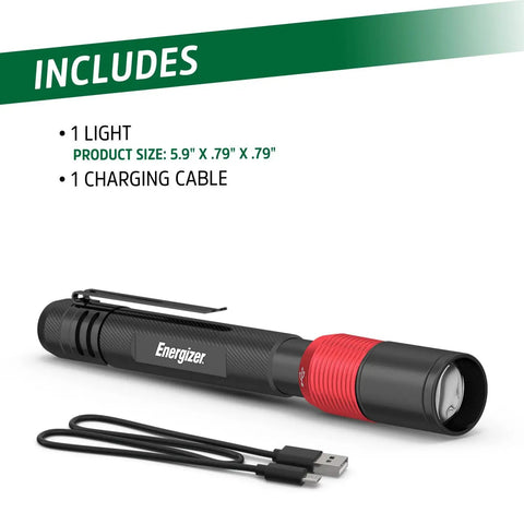Rechargeable Pen Light Flashlight X 400 Tiny But Mighty Pocket Size with USB charging cable, black and red, size 5.9" x 0.79"