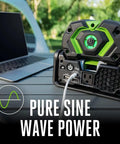 Hella Reliable Portable Pure Sine Wave Power Inverter Pumping 400w Continuous And 800w Peak Watts With Trio Of Quick Charge Ports plugged into laptop.