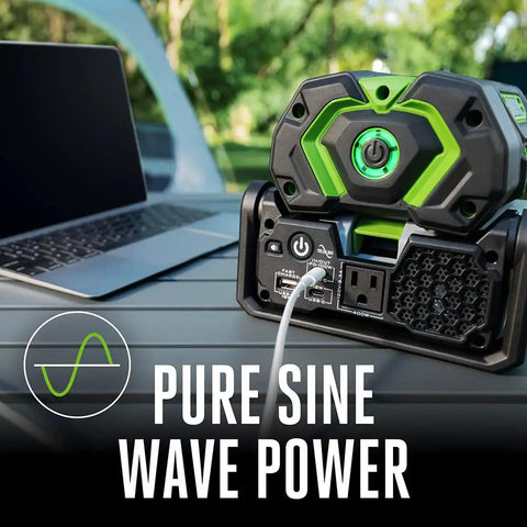 Hella Reliable Portable Pure Sine Wave Power Inverter Pumping 400w Continuous And 800w Peak Watts With Trio Of Quick Charge Ports plugged into laptop.
