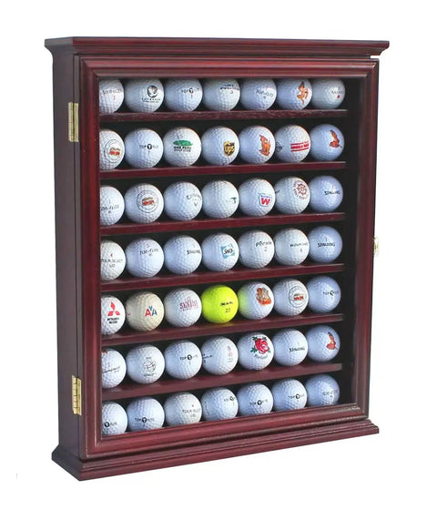 49 Ball Golf Ball Display Case Cabinet Wall Rack Holder Frame With 98 Percent UV Protection Acrylic Door Lockable Cherry Finish