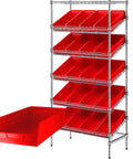 Rock Solid Heavy Duty Commercial Metal Wire Shelving Rack With Twenty Slanted Sorting Bins And Smart Labeling System For Garage Workshop Warehouse Organization In Bold Red, displaying red slanted bins.