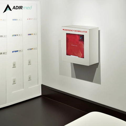 Front view of white AdirMed AED cabinet mounted on wall, non-alarmed, with red defibrillator visible through the window.