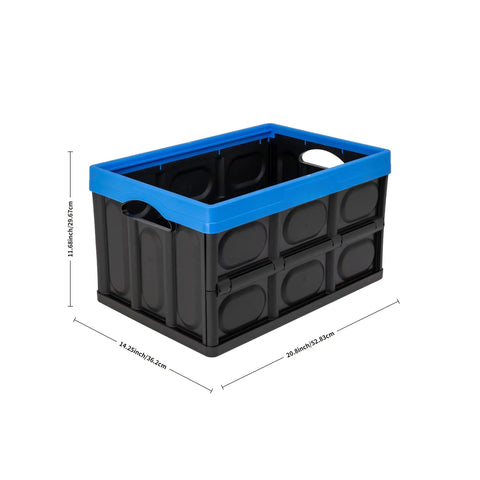 Heavy Duty Collapsible Storage Bin With 12 Gallon Capacity And Built In File Organizer Rails For Home Office Garage Car Trunk Folding Plastic Tote With Easy Grip Handles Black Blue side view