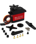 Built Tough 30kg Digital Servo Motor With Full Metal Gears And Carbon Brush For Rc Cars Robots And Diy Builds Rock Solid Precision Control 4.8 To 8.4 Volt 180 270 360 Degree Options, including components and connectors.