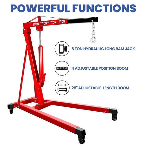 Heavy Duty 5000 Lbs Engine Hoist Cherry Picker with smooth hydraulic lift 8 ton long ram jack and adjustable boom arms.