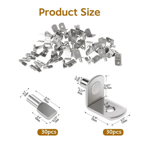 Image of 60 piece nickel plated zinc shelf pegs and cabinet support pins, showcasing product size and design details.
