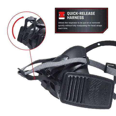 Top Shelf Half Face Tactical Respirator Mask With Quick Release Harness and helmet compatibility, showing adjustable straps and smooth black design.