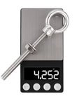 Heavy Duty Eye Bolt Set Of 4 Beefy 316 Stainless Steel Shoulder Eyebolts With Nut And Washer shown on a digital scale