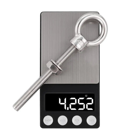 Heavy Duty Eye Bolt Set Of 4 Beefy 316 Stainless Steel Shoulder Eyebolts With Nut And Washer shown on a digital scale