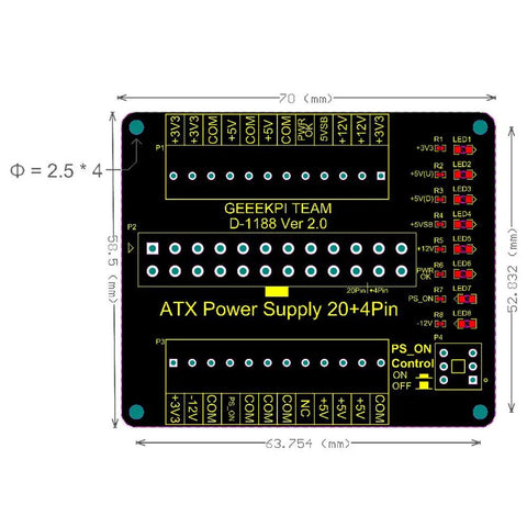 ATX Power Supply Breakout Board 24 Pin To 20/20+4/24 Header With Latching On Off Button, Independent Channel LEDs, Terminal Block Module