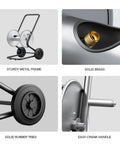 Heavy Duty Metal Hose Reel Cart With Wheels For 200Ft Hose showing metal frame, brass connector, rubber tires, and crank handle.