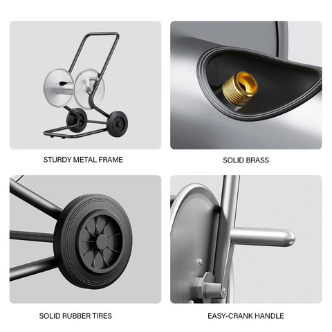 Heavy Duty Metal Hose Reel Cart With Wheels For 200Ft Hose showing metal frame, brass connector, rubber tires, and crank handle.
