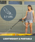 Woman using Hydroshot 320 PSI Portable Power Cleaner With 20V Power Share System to wash car, lightweight and portable