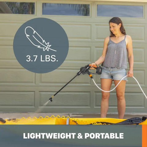 Woman using Hydroshot 320 PSI Portable Power Cleaner With 20V Power Share System to wash car, lightweight and portable