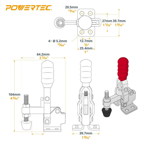 Beefed Up T Track Knob And Toggle Clamp Kit diagram showing dimensions and components for woodworking jigs and fixtures