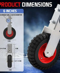 6 Inch Heavy Duty Undermount Gate Wheel Crafted From Galvanized Steel And Car Rubber Tires dimensions and features, showing wheel and frame specs.
