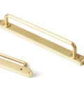 7.56 Inch Cabinet Handles In Brushed Brass, sleek dope solid zinc alloy drawer pulls with backplate and spacer, angled view