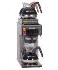 Automatic Commercial Coffee Brewer With Three Warmers And Back Up Pourover Plumbed Water Line SplashGard Funnel Hot Water Faucet All Stainless Steel Designed And Assembled In The USA Decanters Not Included, front view