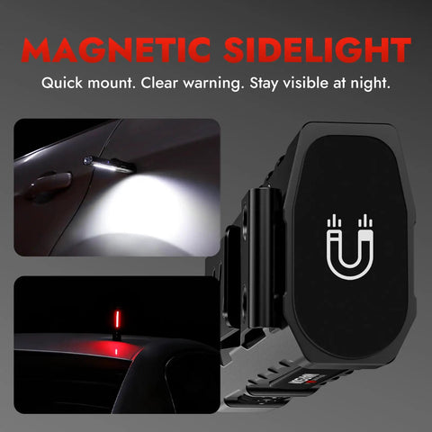 Rechargeable 1500 Lumen Pocket Flashlight With Magnetic Base And Clip shown mounted on car side with light on