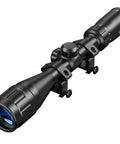 Three To Nine X Forty AO Rifle Scope With R4 Reticle And Crosshair, 20mm Mounts, Black Finish, angled side view