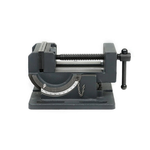 Front view of 4 Inch Angle Drill Press Vise with 0 to 90 Degree Tilting Clamp, heavy iron build for drilling machines and metalworking projects.