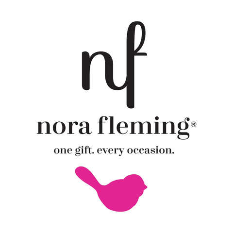 Brand logo for Nora Fleming with tagline 'one gift. every occasion.' featuring a stylized bird design.