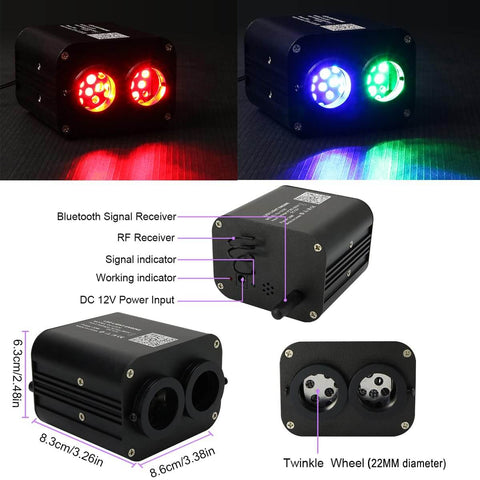 Dual Color 20W Fiber Optic Starlight Headliner Kit with RGBW light and app control, showcasing ports, dimensions, and light activation