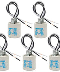 Durable Ceramic E26 And E27 Light Socket With 12 Inch Wire Lead No Fuss Standard Medium Screw Base Fireproof High Temp Insulated Socket For Halogen Incandescent And LED Bulbs 5 Pack displayed on a white background.