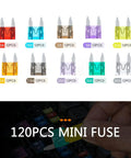 Hella Reliable 120 Piece Mini Blade Automotive Fuse Assortment Kit With Bright Color Coding, showing various amp ratings and colorful fuses.