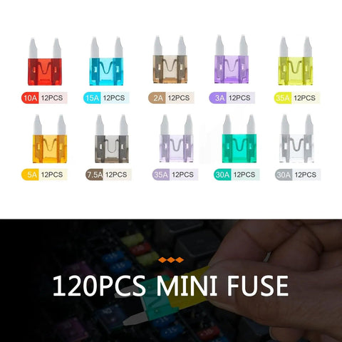 Hella Reliable 120 Piece Mini Blade Automotive Fuse Assortment Kit With Bright Color Coding, showing various amp ratings and colorful fuses.