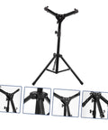 Heavy Duty Matte Black Folding Drum Stand Featuring Silent Snare Practice Pad And Wide Leg Base for stability and collapsible design.