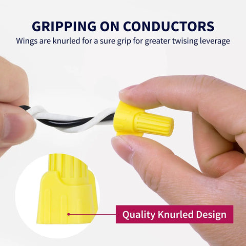 Close-up of hands twisting Yellow Winged Wire Connectors 500 Piece Set For AWG 18 To 10 Twist On Wire Nuts with knurled wings.