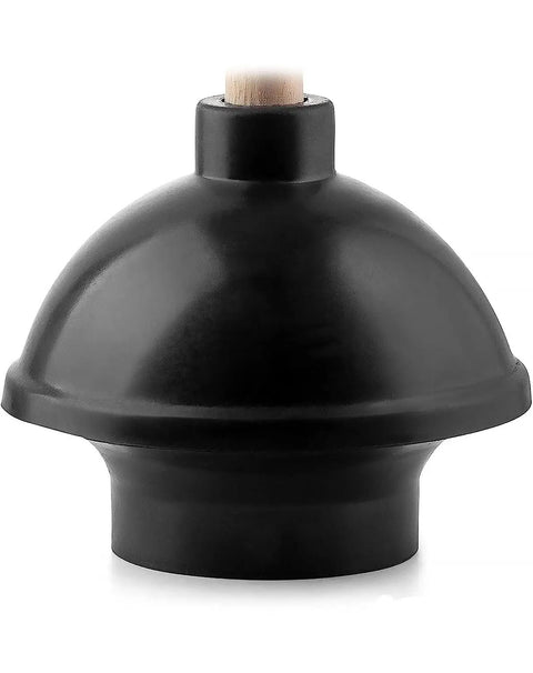 Heavy Duty Rubber Toilet Plunger With Solid Wooden Handle For Bathroom Sink Drains And Tub Clogs shown from the front, featuring a black rubber design.