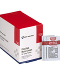 Box and packets of Grab And Go First Aid Burn Cream Packets 0.9 g Each Box Of 60 for minor burn relief visible.