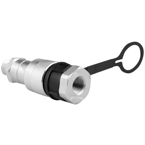 3/8-inch hydraulic quick coupler with threaded female end, metal body, and pull-ring dust cap