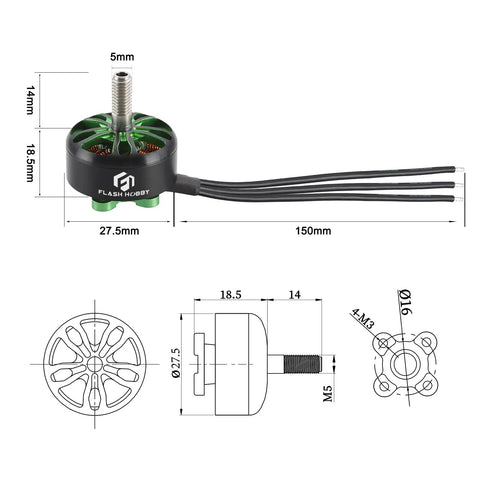 Beefy 2207.5 Outrunner Brushless Drone Motor 1900KV with wiring and technical dimensions for RC Quadcopter FPV Multicopter