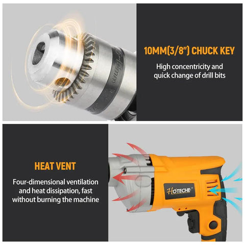 Corded 720 Watt Drill With Three Eighths Inch Chuck Variable Speed From Zero To Three Thousand Six Hundred RPM Multi Material Drilling For Concrete Metal And Wood With Speed Switch Beast Power For DIY And Pros featuring detailed chuck key and heat vent visualization