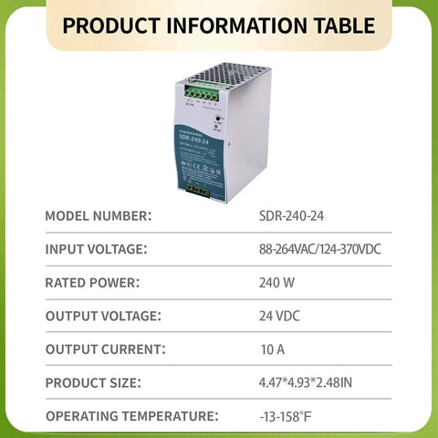 Product information table for Heavy Duty Rock Solid 240 Watt 24 Volt 10 Amp Din Rail Industrial Power Supply For PLC Machinery.