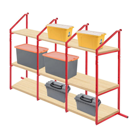Red Industrial Heavy Duty Shelf Brackets Set Of 4, 52 Inch By 19 Inch Steel Cargo And Equipment Support, loaded with bins