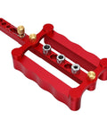 Self Centering Doweling Jig Kit With Premium Steel Bushings For Dead On Woodworking Alignments and Zero Sweat Setup, red aluminum construction.