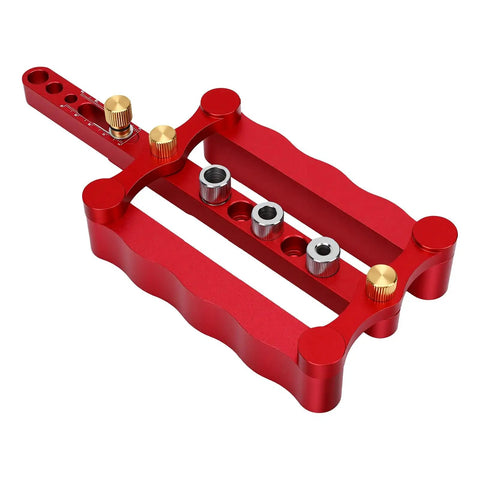 Self Centering Doweling Jig Kit With Premium Steel Bushings For Dead On Woodworking Alignments and Zero Sweat Setup, red aluminum construction.