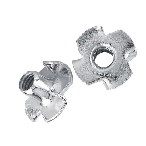 M6 Four Prong Tee Nuts for Woodworking, Heavy Duty Zinc Plated Carbon Steel Captive Nuts with Four Prongs, side view
