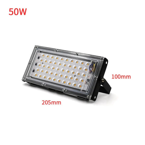 JUDYSSY Led Floodlight 50W outdoor spotlight with 205mm length, 100mm height, aluminum body, ideal for garden and warehouse lighting.